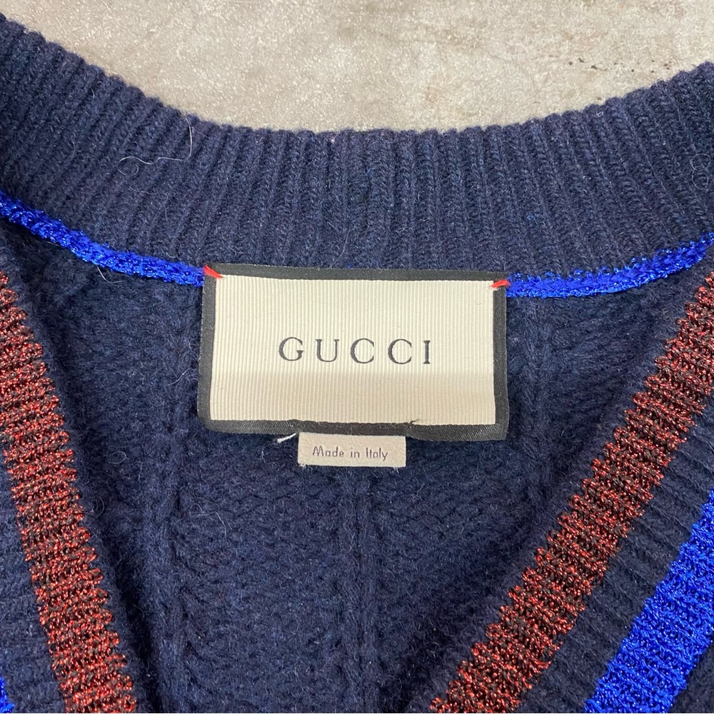 Gucci Cable Knit Cardigan Navy Stripe Trim Lambs Wool Sweater Women’s Large‎ - Picture 3 of 11
